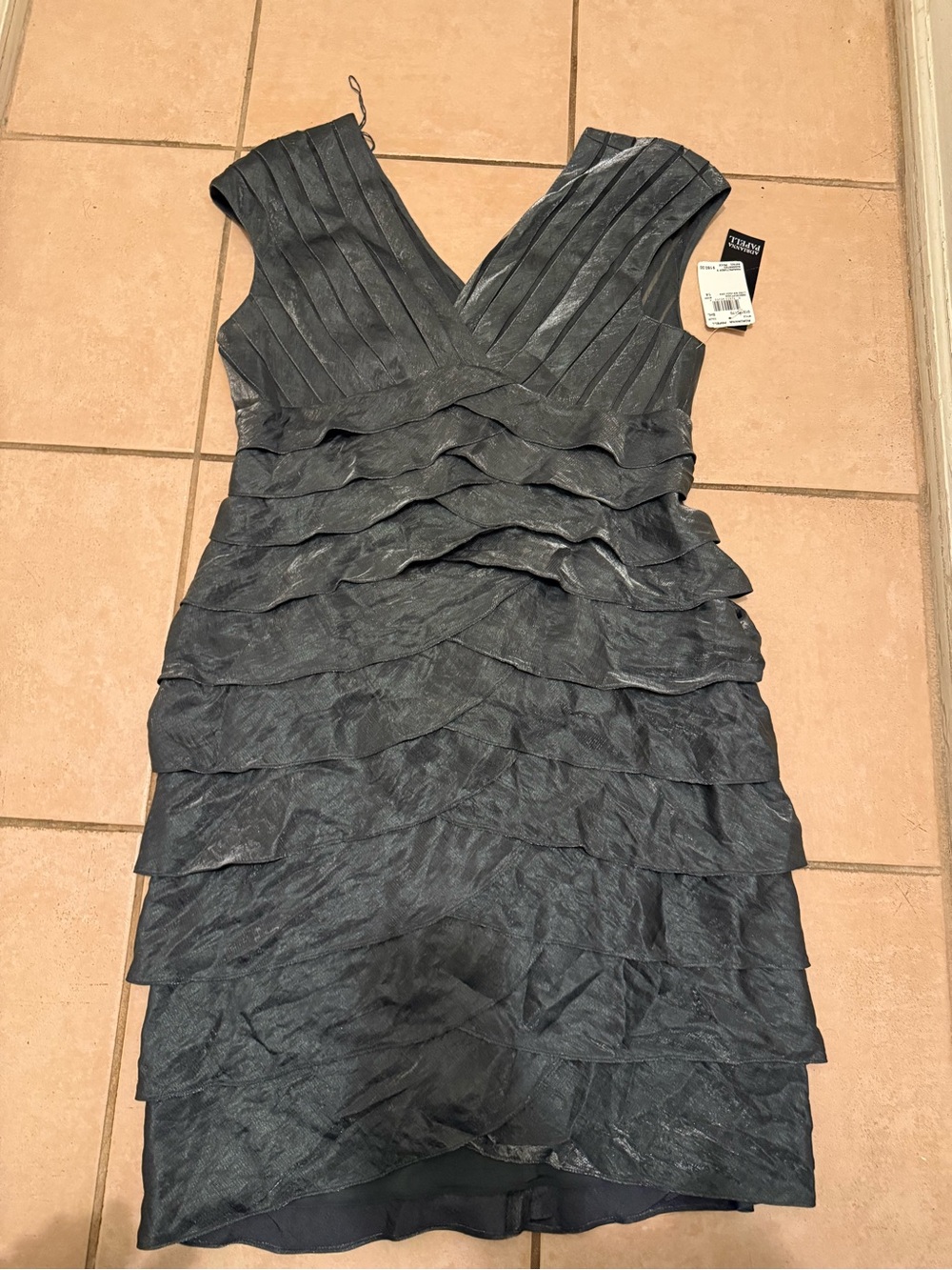 Adrianna Papell Slate Gray Tiered V-Neck Cocktail Dress